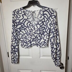 Every brand sz S cropped long slv linen/rayon top NWT abstract print casual